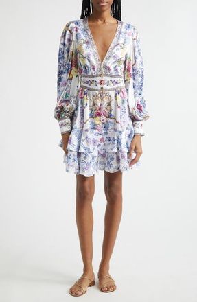Camilla Floral Long Sleeve Silk Tiered Dress in All About That Lace at Nordstrom, Size Small