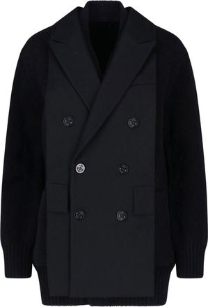 sacai Black Wool Flannel Blazer-Style Cardigan with Nylon Sleeve Details