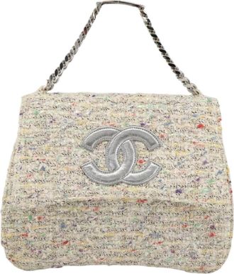 Chanel Vintage Cc Chain Top Handle Bag Quilted Tweed White Tweed Handbag (Pre-Owned)