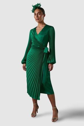 Coast Satin Pleated Wrap Dress in Green at Nordstrom, Size 8