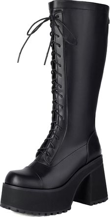 Generic Womens Lace Up Knee High Boots with Zipper Patent Leather Long Boots Block High Heel Platform Boot,Black2,5.5 UK