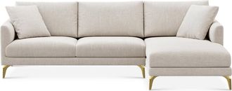 Castlery Lena Chaise Sectional Sofa Right Facing Customized, Light Grey Performance Linen Weave, Brass Legs, Spill Resistant, Removable Covers for Castlery