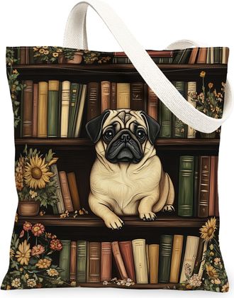 Generic Spring Pug Dog Canvas Tote Bag for Shopping 13x15, Flower Bookshelf Puppy Reusable Grocery Print Bag for Women, Fun Pet Beach Aesthetic Painting Gift 