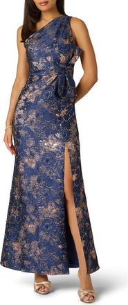 Adrianna Papell One-Shoulder Jacquard Gown in Navy/rose Gold at Nordstrom, Size 14