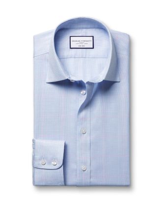 CHARLES TYRWHITT Non-Iron Twill Prince Of Wales Checkered Cotton Formal Shirt - Light Blue Single Cuff Size 15/34 by Charles Tyrwhitt