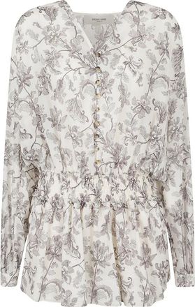 Golden Goose Jurk met bloemenprint en knopen - Dames - Korte kleedjes - Wit - M - Katoen - Kleedjes