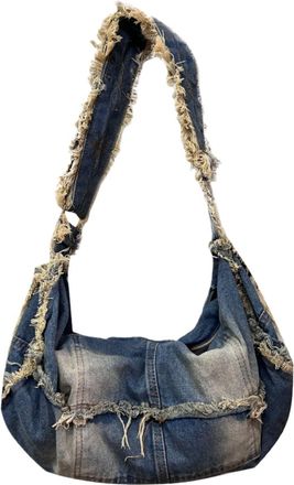 Generic Ripped Denim Women Crossbody, Grunge Streetwear Casual Jean Zipper Shoulder Bag, Large Capacity Trashy Hobo Tote Bag(Dark Blue)