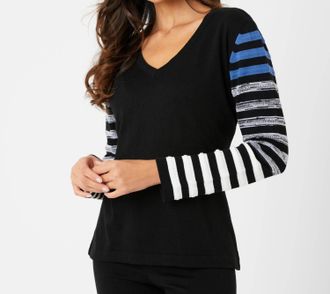 French Kyss Stripe V Neck Top In Denim/multi