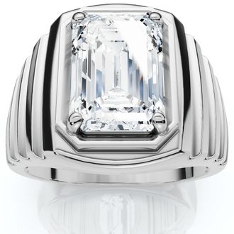 Pompeii3 Mens Certified 4Ct Emerald Cut Diamond Ring Ridged Gold Band Lab Grown