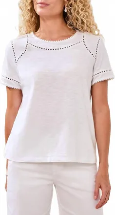 Tribal Short Sleeve Top With Dotted Lace Detail In White
