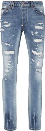 Philipp Plein paint-splatter straight-leg jeans - men - Cotton/Elastane - 34 - Blue