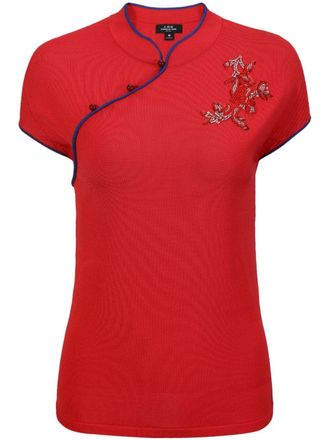 Shanghai Tang Top met geborduurde bloemen - Rood