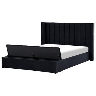 Beliani Cama De Agua Con Somier De Terciopelo Negro 180 X 200 Cm Reposacabezas Alto Banco Noyers
