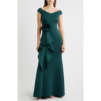 Eliza J 3D Rosette Detail Scuba Crepe Trumpet Gown in Hunter at Nordstrom, Size 4