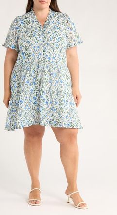 Sugarlips Kara Hilo Floral Tile Print Cotton Shift Dress in White/Blue/Green at Nordstrom, Size 3 X