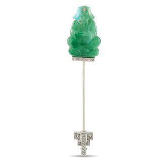 Luxury Bazaar Antique 18K White Gold Carved Jade Jabot Pin MF14-082526