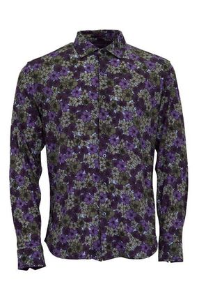 Lords of Harlech Sherlock Tailored Merino Wool Shirt in Dense Floral Olive at Nordstrom, Size X-Large