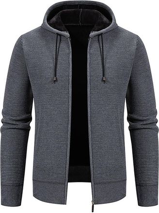 Generic Mens Hooded Full Zip Knit Cardigans Mens Knitted Cardigan Open Front Long Sleeve Print Stand Collar Fleece Lined Coat Autumn Winter Thick Sweater Outw