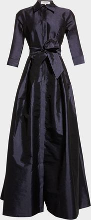 Teri Jon 3/4-Sleeve Taffeta Shirtdress Gown