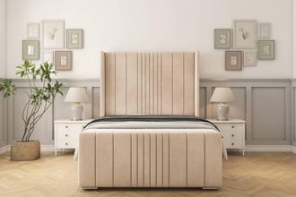 Sloomy Hargrave Naples Bed Frame With 50 Upholstered Wingback Headboard in Light Sand | Size: Super King