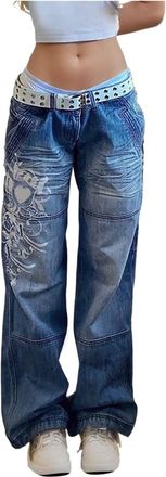 Generic Y2K Jeans for Women Low Waist Baggy Wide Leg Boyfriend Trousers Rise Printed Ladies Blue
