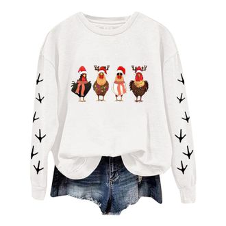 Generic Christmas Jumpers For Women Funny Chicken Print Oversized Pullover Sweatshirt Crew Neck Long Sleeve Basic Tops Autumn Winter Xmas Jumper Streetwear Ou