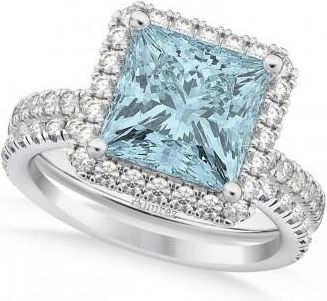 Allurez Aquamarine & Diamonds Princess-Cut Halo Bridal Set 14K White Gold (3.74ct)