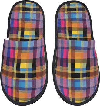 Generic Comfortable House Shoes Geometric Plaid House Slipper Fluffy Ladies Slippers for Family Indoor Travel L