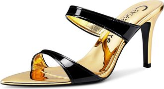 Castamere Womens Fashion Sandals Open Toe Sexy Strap Slip-On Pointed Toe Stilettos 3.2IN Heels Black Gold Shoes UK 4.5