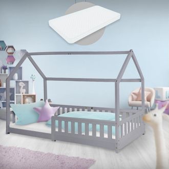 ML Design Ml-design - Cama Infantil Montessori Con Forma De Casa De Madera De Pino Gris Claro Con Colch&oacute;n 90 X 200 Cm De Espuma Fr&iacute;a Hipoalerg&eacute;nico Estructura D