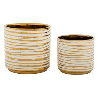 Dmora Vase Banivaka, Ensemble De 2, Blanc, Structure Dor&eacute;e, Grand Diam&egrave;tre: 21 Cm, Petit: 16 Cm
