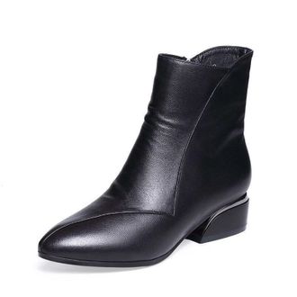 Generic Womens Leather Chunky Heel Ankle Boots with Side Zipper, Fashion Pointed Toe Stitching Boots, Retro Low Heel Short Bootie Dress Shoes (Black,3.5)