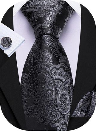 Barry.Wang Mens Paisley Tie Grey Black Silk Necktie Pocket Square Cufflinks Set Wedding Party
