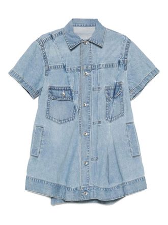 sacai pleated denim mini shirt dress - Blue