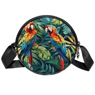 Generic Circle Crossbody Bag for Women, Tropical Plants Parrot Small Sling Bag Daypack with Zipper Adjustable Shoulder Straps Casual Ladies Girls Round Purse