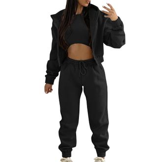 Generic Womens Casual Stylish Tracksuit Set Long Sleeve Solid Tops and High Elastic Waist Straight Trousers Hoodie Jogger 3 Piece Loungewear Outfit Track Suit