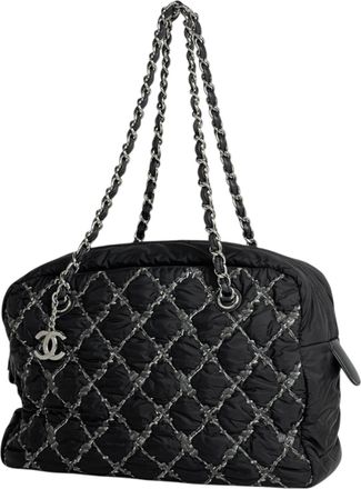 Chanel Black Nylon Leather Shoulder Bag Tote Bag (Pre-Owned)