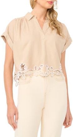 1.State Lace Trim Short Sleeve Crop Top in Peppercorn at Nordstrom Rack, Size X-Large