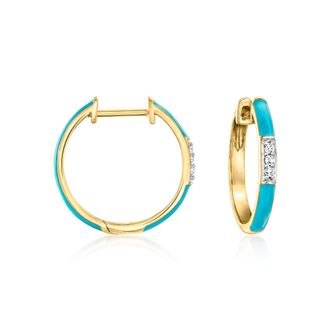 Ross-Simons Turquoise Enamel and Diamond Hoop Earrings in 18kt Gold Over Sterling