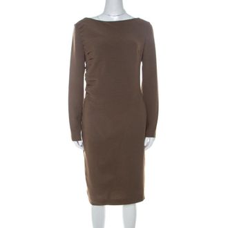 Escada Olive Green Crepe Side Pleated Long Sleeve Shift Dress