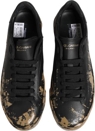Dolce & Gabbana Mens Black Portofino Mud Effect Low Top Sneakers Shoes And Brown Leather