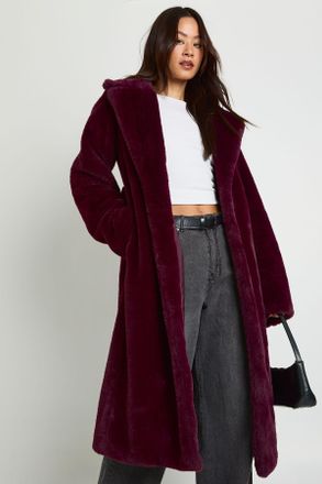 Boohoo Womens Tall Belted Maxi Faux Fur Coat - Burgundy - Size 16 UK