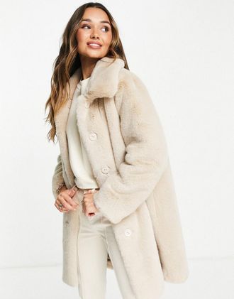 Whistles mid length faux fur coat in cream-White