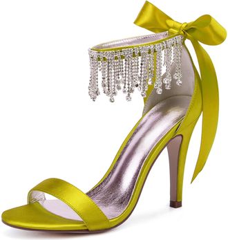 Generic Womens Heels Satin Wedding Bridal Ankle Strap High Heels 10.5Cm Open Toe Prom Evening Formal Party Stiletto Sandals,Yellow,9 UK