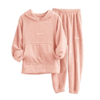 Generic Women Fleece Pyjamas Set Soft Cosy Plush 2 Piece Warm Pajamas Set Long Sleeve Hooded Top & Pajamas Pants Thick Thermal Loungewear Sets Ladies Fuzzy Ni