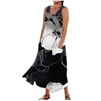 Generic Ladies Maxi Dresses Size 16 Elegant Swing Floral Printed Round Neck Sleeveless Dresses Oversized Maxi Tank Dress with Pockets Dress for Women Petite (