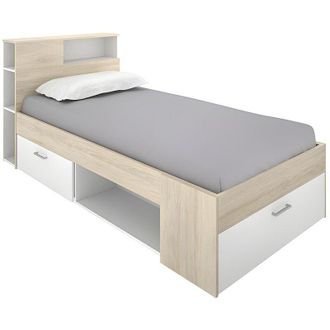 Vente-Unique Letto con testata, vani portaoggetti e cassetto 90 x 190 cm Bianco e Naturale - LEANDRE