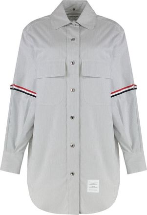 Thom Browne Gestreepte Katoenen Overhemdjurk met Zakken - Dames - Shirt Kleedjes - Grijs - S - Katoen - Kleedjes