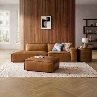 Castlery Brown Top Grain Leather Left Side Chaise Sofa with Ottoman | Jonathan by Castlery