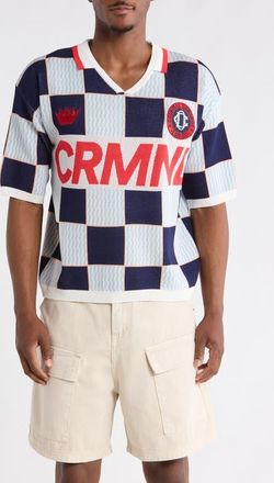 Criminal Damage Checkerboard Embroidered Jacquard Knit Polo in Blue/ecru/red at Nordstrom, Size Xx-Large